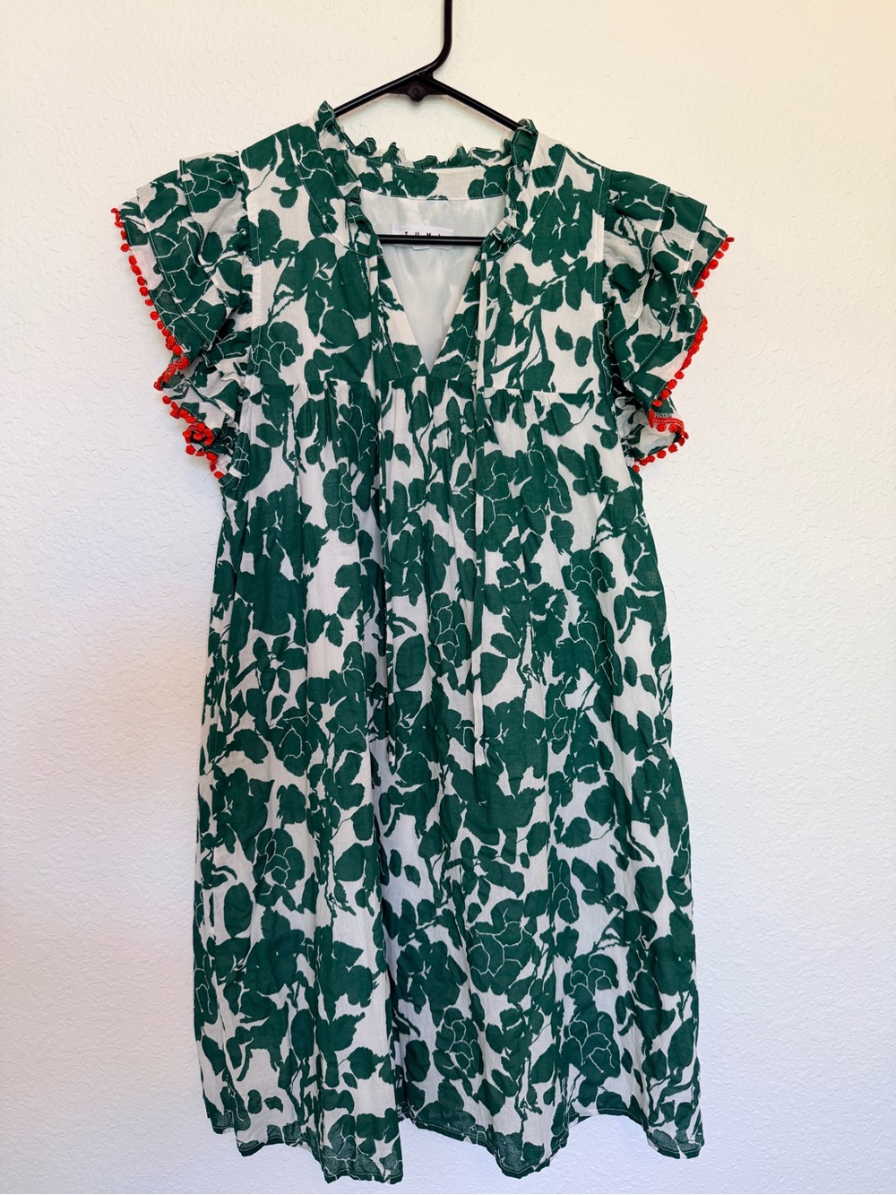 THML Eileen Dress Green and White Floral with Red Pom Pom Trim